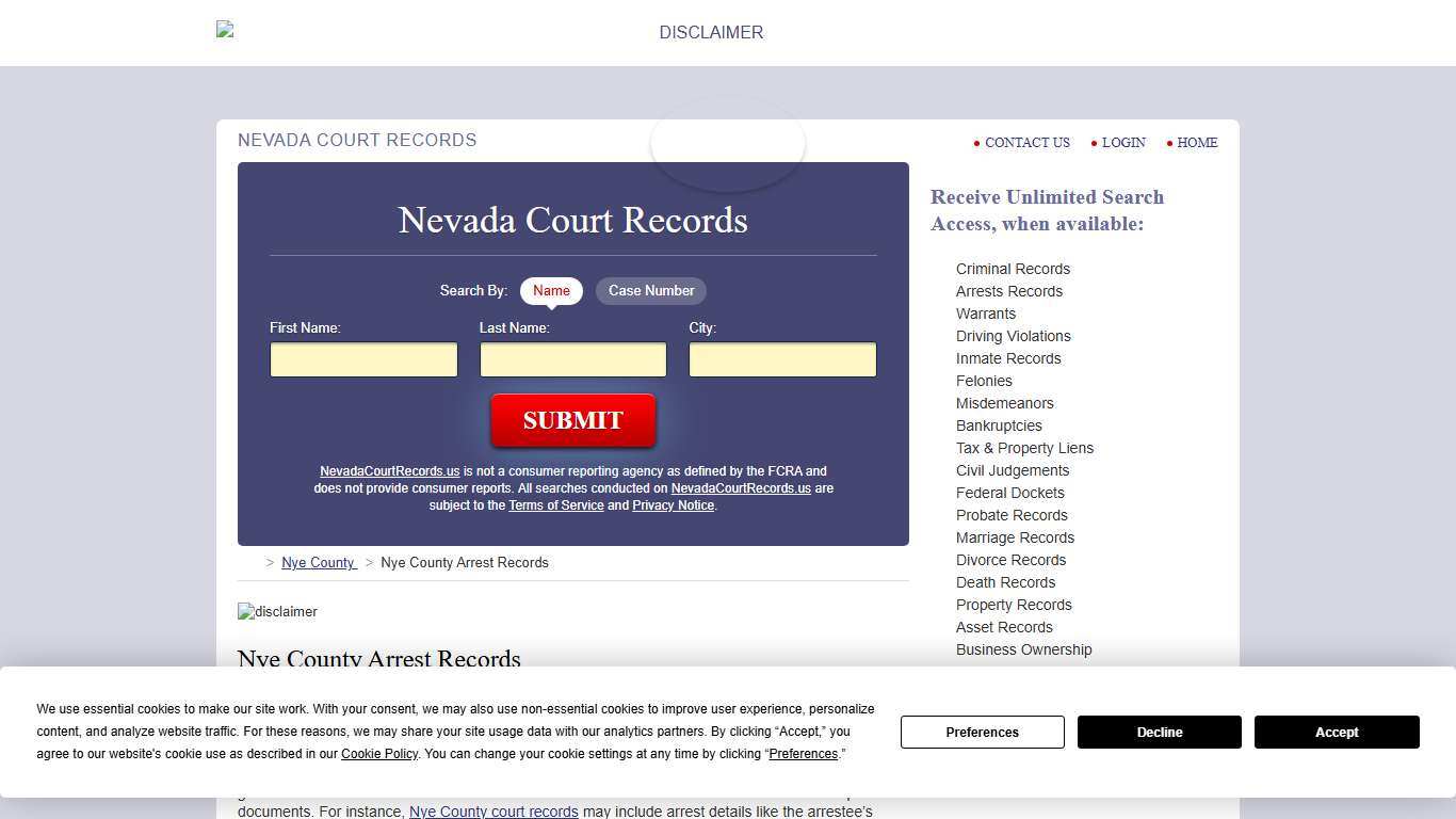 Nye County Arrest Records NevadaCourtRecords.us